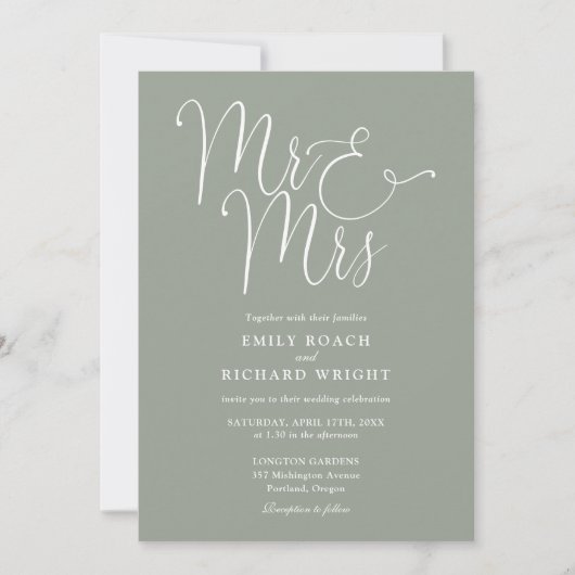 Mr. and Mrs Modern QR Code Sage Green Wedding Einladung (Vorderseite)