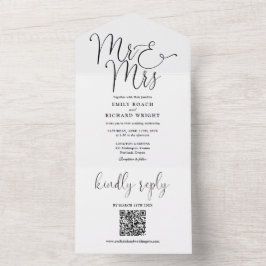Mr. and Mrs. Modern QR Code Schwarz-Weiß Hochzeit All In One Einladung