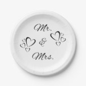 Mr. and Mrs. Modern Script White Wedding Pappteller (Vorderseite)