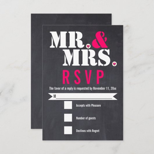 Mr. and Mrs Modern typography black pink UAWG RSVP Karte (Vorne/Hinten)