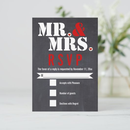 Mr. and Mrs Modern typography black, red UAWG RSVP Karte (Stehend Vorderseite)