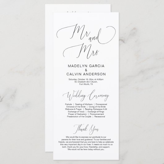 Mr. and Mrs., Moderne Hochzeitsfeier Programm (Vorne/Hinten)