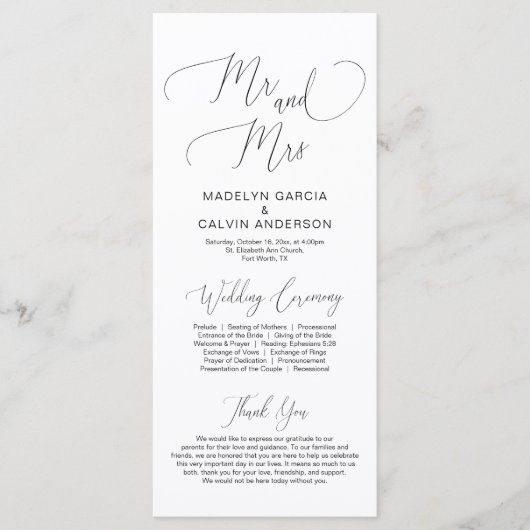 Mr. and Mrs., Moderne Hochzeitsfeier Programm (Vorderseite)
