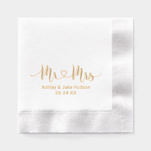 Mr. and Mrs. Personalisiert Heart Script Wedding Servietten Mit Folie (Vorderseite)