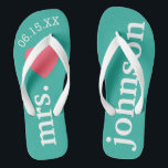 Mr. and Mrs. Personalisiert Honeymoon with Heart Badesandalen<br><div class="desc">Ein perfektes Design für eine Hochzeit am Strand oder für die Hochzeitsreise. Ändern Sie die Frau zu Herrn,  um ein Koordinierungspaar zu machen.</div>