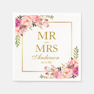 Mr. and Mrs. Pink Blush Floral Gold Wedding Serviette