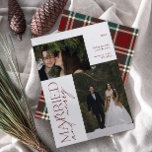 Mr. and Mrs Red Green Tartan Verheiratet & Merry F Feiertagskarte<br><div class="desc">Mit unserer atemberaubenden neuen Minimalistischen Red and Green Tartan Verheiratet & Merry Foto Holiday Card präsentieren wir Ihnen ein modernes Design mit eleganter Typografie und einem hochgeehrten Foto in festlicher Rot-Weiß. Die minimalistische Front wird durch ein warmes, festliches , mit einem roten und grünen Tartan auf der Rückseite kariert, und...</div>