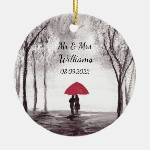 Mr. and Mrs. Red Regenschirmpaar Newlyweds Wedding Keramik Ornament