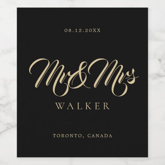 Mr. and Mrs. Script Black Elegant Deko Retro Weddi Weinetikett (Einzelnes Label)