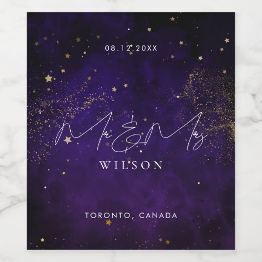 Mr. and Mrs. Script Dark Lila Magical Gold Weinetikett (Einzelnes Label)