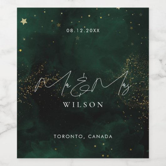 Mr. and Mrs. Script Emerald Green Magical Gold Weinetikett (Einzelnes Label)
