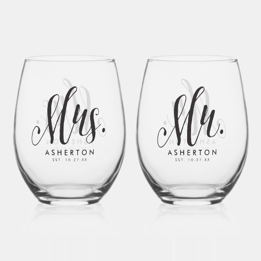 Mr. and Mrs. script frisch personalisiert schwarz Weinglas Ohne Stiel (Vorderseite)