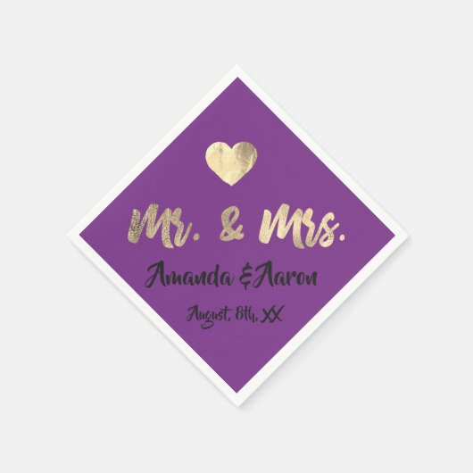 Mr. and Mrs White Heart Lila Champaigne Gold Serviette (Ecke)