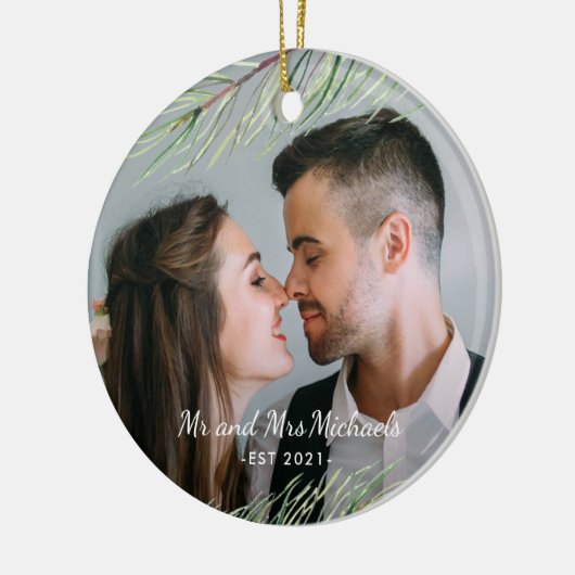 Mr and Mrs with Year and Foto Christmas Keramik Ornament (Links)