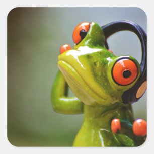 Mr. Frog with Headphones Quadratischer Aufkleber