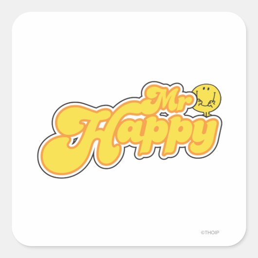 Mr. Happy | Gelbe Buchstaben Quadratischer Aufkleber (Vorderseite)