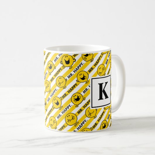 Mr. Happy | Muster der gelben Streifen | Monogramm Kaffeetasse (VorderseiteRechts)