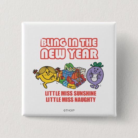 Mr Men Little Miss Bling im neuen Jahr Button (Vorderseite)