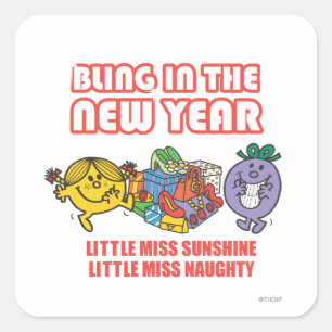 Mr Men Little Miss Bling im neuen Jahr Quadratischer Aufkleber