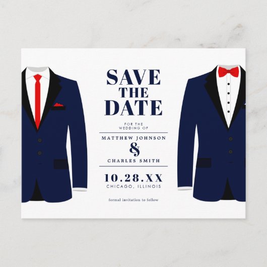 Mr. & Modern Wedding Navy Tux - Save the Date Postkarte (Vorderseite)