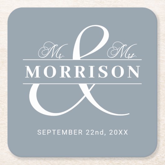Mr. Monogram Dusty Blue Wedding Rechteckiger Pappuntersetzer (Vorderseite)
