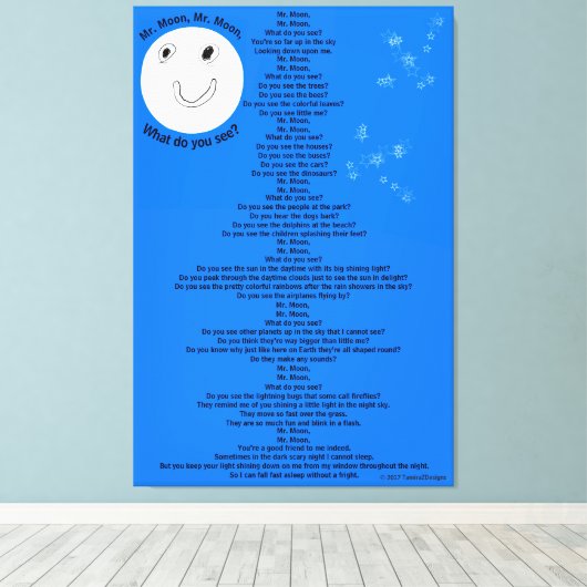 Mr Moon, Mr Moon Fun Children's Gedicht 32" x 48" Leinwanddruck (Insitu (Holzboden))