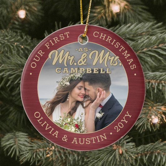 Mr & Mrs 2 Foto Newlyweds 1. Xmas Burgundy Gold Keramik Ornament