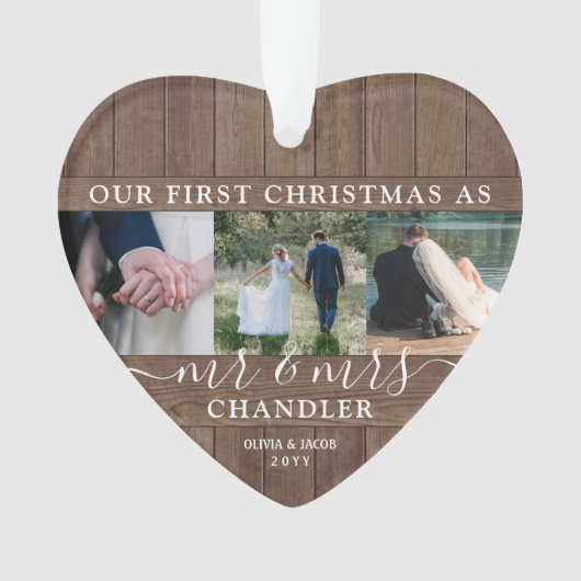 Mr & Mrs. 4 Foto Erster Weihnachtsfest Rustikale I Ornament (Vorderseite)