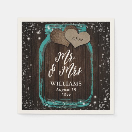Mr & Mrs Aquamarin Rustic Wood Mason Jar Wedding Serviette (Vorderseite)