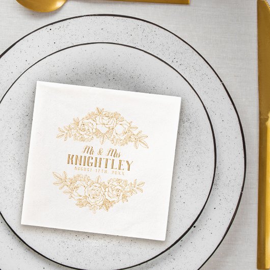 Mr & Mrs Beautiful Gold Foil Rose Floral Wedding Servietten Mit Folie