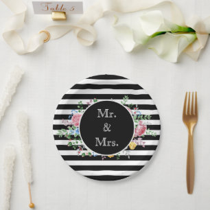 Mr & Mrs Black and White Striped Blume Classic Pappteller
