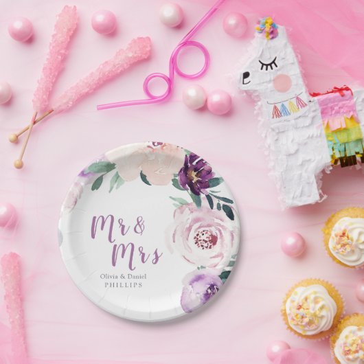 Mr & Mrs Blooming botanische lila Blumenhochzeit Pappteller (Party)