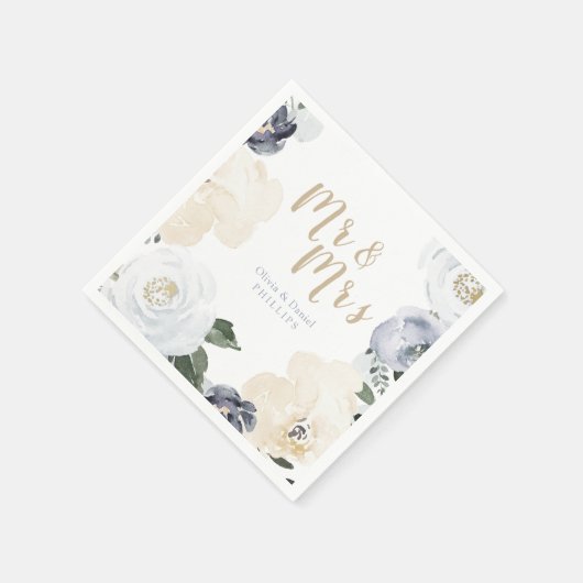 Mr & Mrs Blooming botanische staubige blaue Hochze Serviette (Ecke)