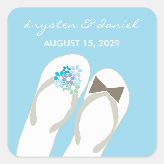 Mr & Mrs Blue Flowers Flip Flops Beach Wedding Quadratischer Aufkleber (Vorderseite)