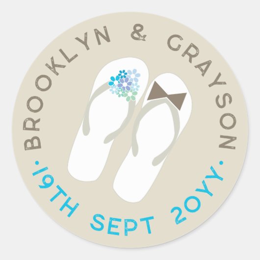 Mr & Mrs Blue Flowers Flip Flops Beach Wedding Runder Aufkleber (Vorderseite)