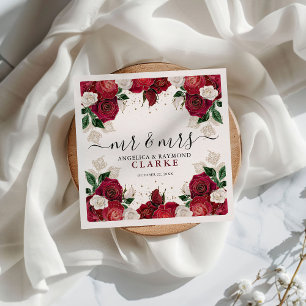 Mr & Mrs Burgundy & White Floral Elegant Wedding Serviette