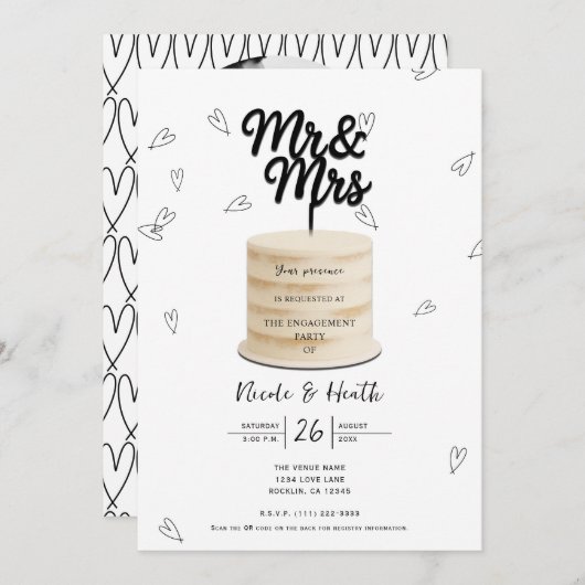 Mr & Mrs Cake & Hearts Schwarz-weiße Verlobung Einladung (Vorne/Hinten)