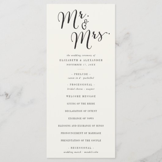 Mr & Mrs. Calligraphy Script Classic Chic Wedding Programm (Vorderseite)