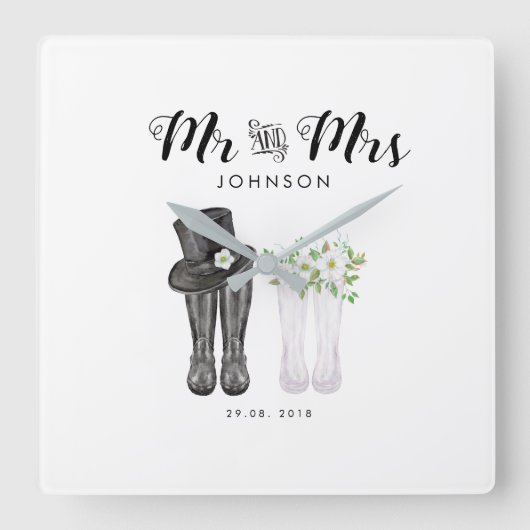 Mr & Mrs Clock Wedding Anniversary Weihnachtsgesch Quadratische Wanduhr (Vorderseite)