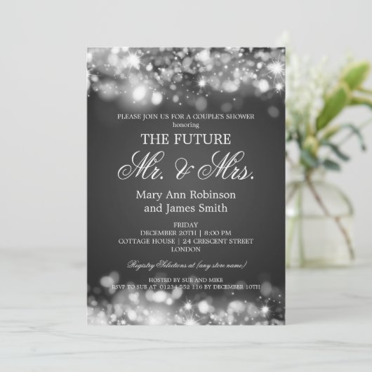 Mr Mrs. Couples Shower Silver Sparkle Lights Einladung (Stehend Vorderseite)