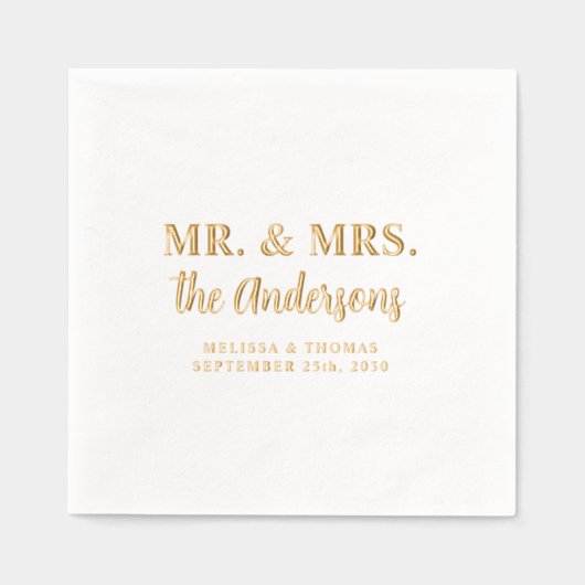 Mr & Mrs Custom Foto Moderne Gold Elegante Hochzei Servietten Mit Folie (Vorderseite)
