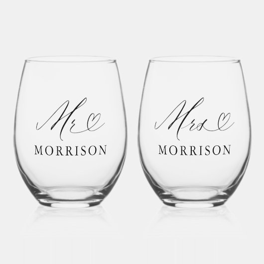 Mr & Mrs Custom Wedding Modern Weinglas Ohne Stiel (Vorderseite)