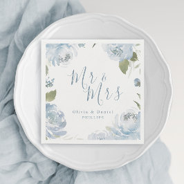 Mr. & Mrs. Dusty Blue Aquarell Blumenhochzeit Serviette