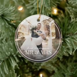 Mr & Mrs First Chirstmas Boarder Custom Photo  Keramik Ornament