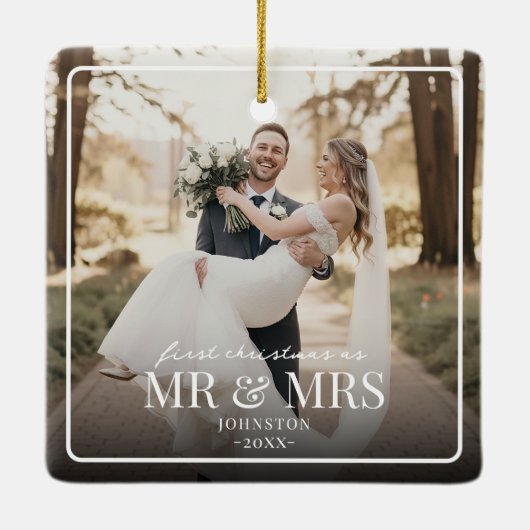Mr & Mrs First Chirstmas Boarder Custom Photo  Keramikornament (Rückseite)