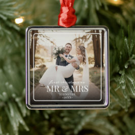 Mr & Mrs First Chirstmas Boarder Custom Photo  Ornament Aus Metall