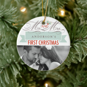 Mr & Mrs. First Christmas Mistletoes Foto Wedding Keramik Ornament