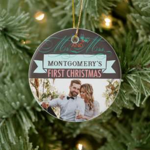 Mr & Mrs. First Christmas Mistletoes Foto Wedding Keramikornament