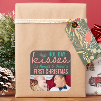 Mr & Mrs. First Christmas Mistletoes Foto Wedding Quadratischer Aufkleber
