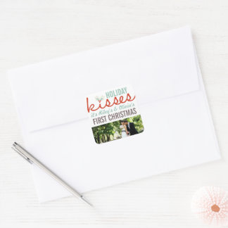 Mr & Mrs. First Christmas Mistletoes Foto Wedding Quadratischer Aufkleber